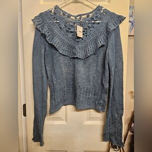 Free People blue floral crochet sweater shirt womens size medium NEW